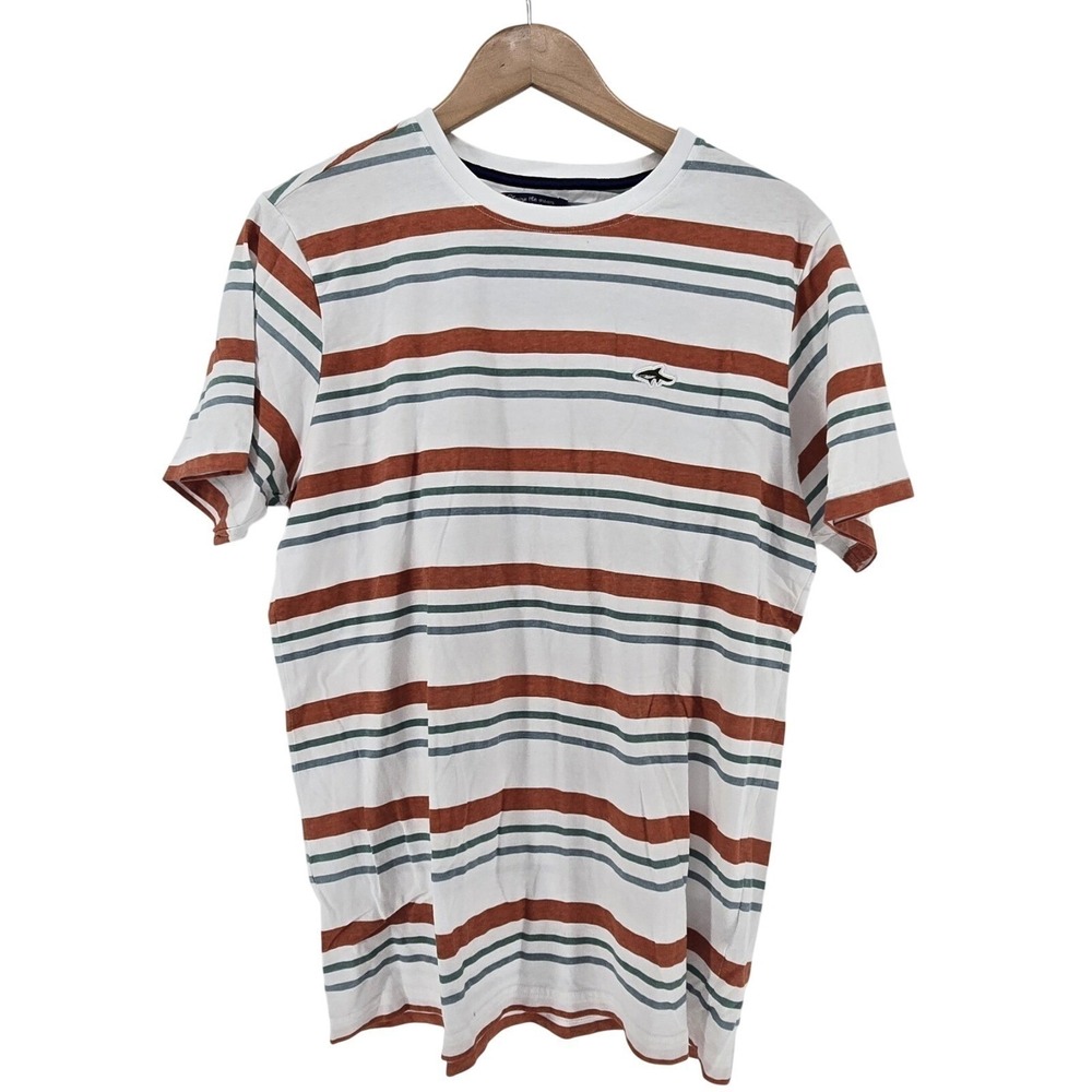 Le Shark T-Shirt Mens Large Horizontal Stripe White Orange Teal EUC